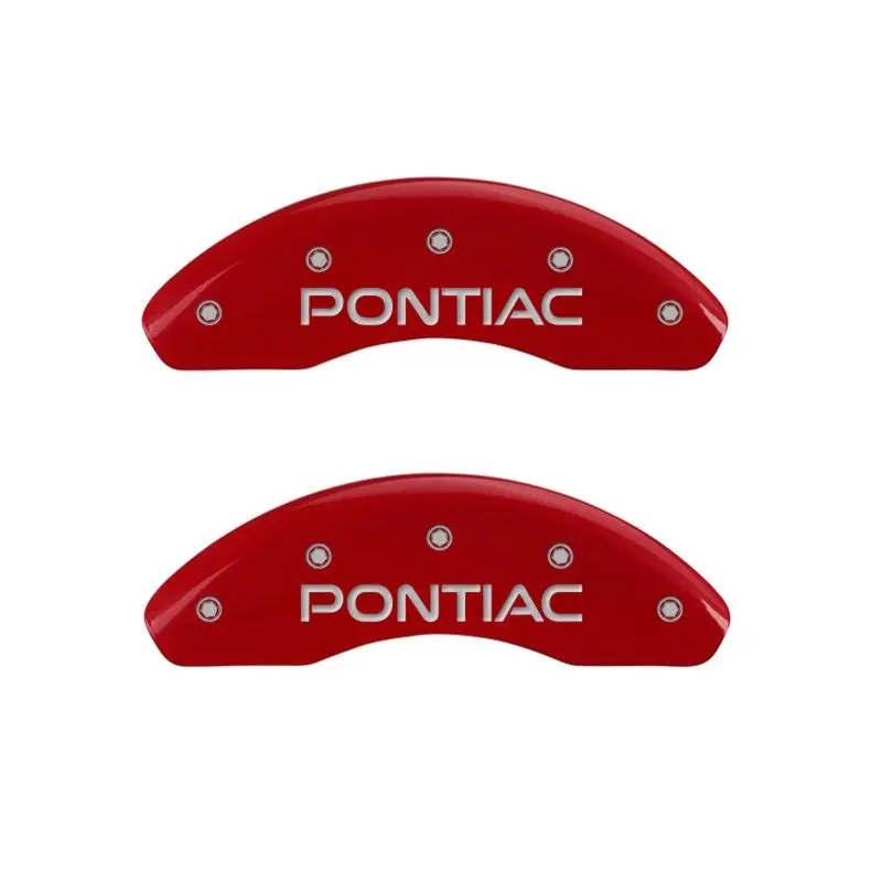 Mgp Engraved 4-Piston Caliper Covers – Front (Pontiac Style), Rear (Arrow Design), Red Finish On Silver Base 1