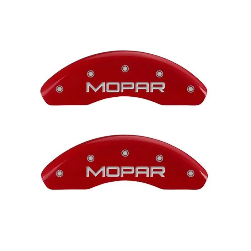 Mgp Engraved 4-Piston Caliper Covers – Front & Rear – Mopar Red Finish On Silver Base 1