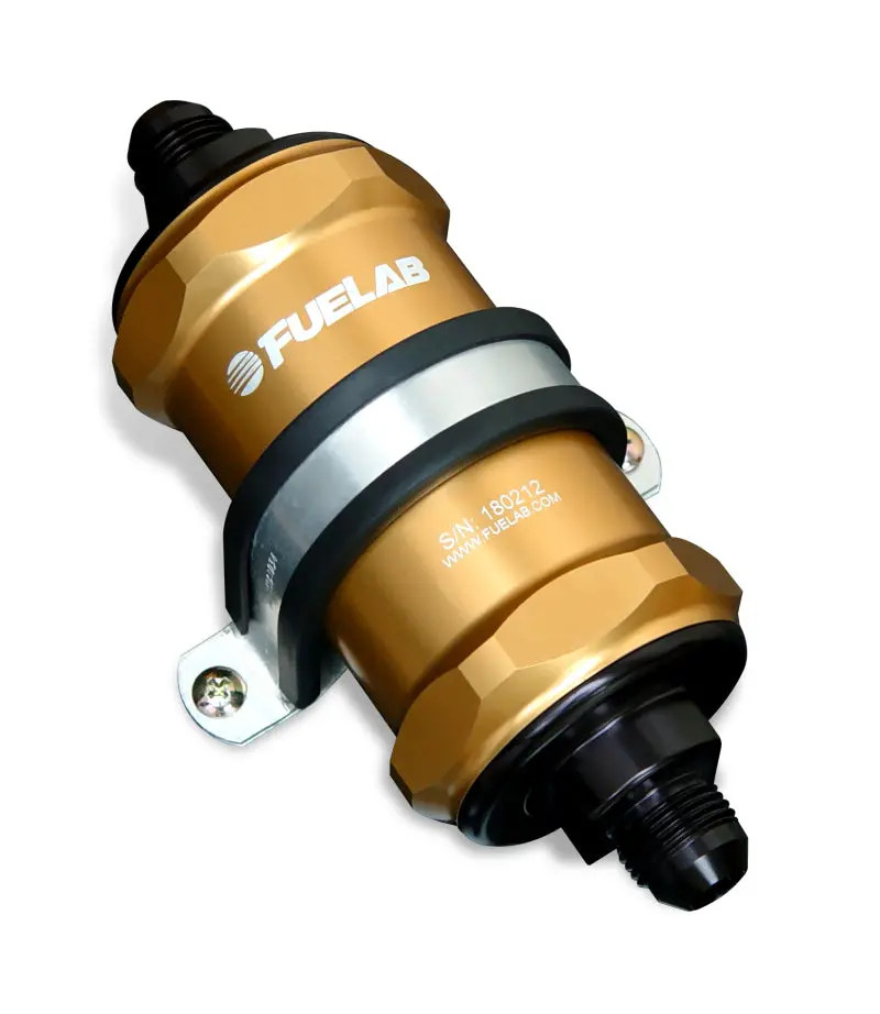 Fuelab 818 Inline Fuel Filter – -10An Inlet / -6An Outlet, 6-Micron Fiberglass, Gold Anodized Housing 1