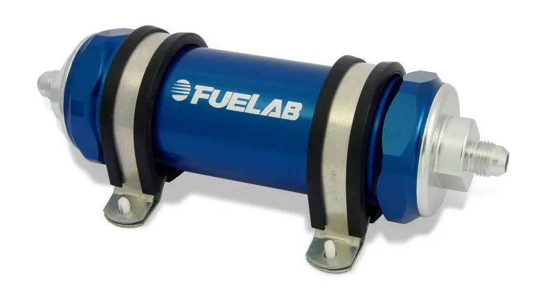 Fuelab 828 In-Line Fuel Filter Long -12An In/-10An Out 40 Micron Stainless - Blue 1