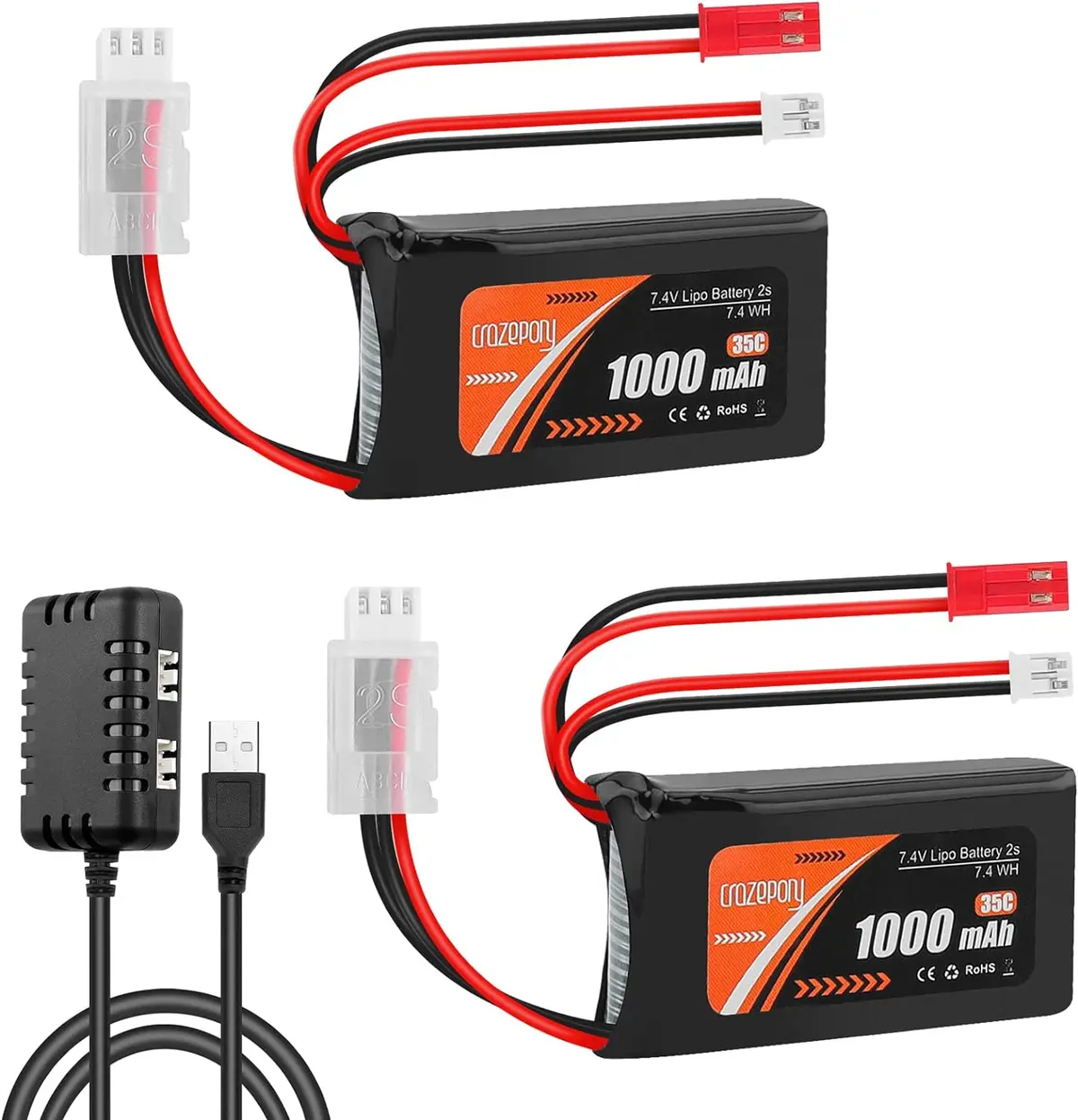 2S 1000Mah 7.4V Lipo Battery: 2Pcs Scx24 Batteries With Ph2.0 & Jst Plug 35C Lithium Battery With 2 In 1 Usb Charger For Wltoys A949 A959 A969 A979 Most 1/10 1/16 1/18 1/24 Rc Cars 1
