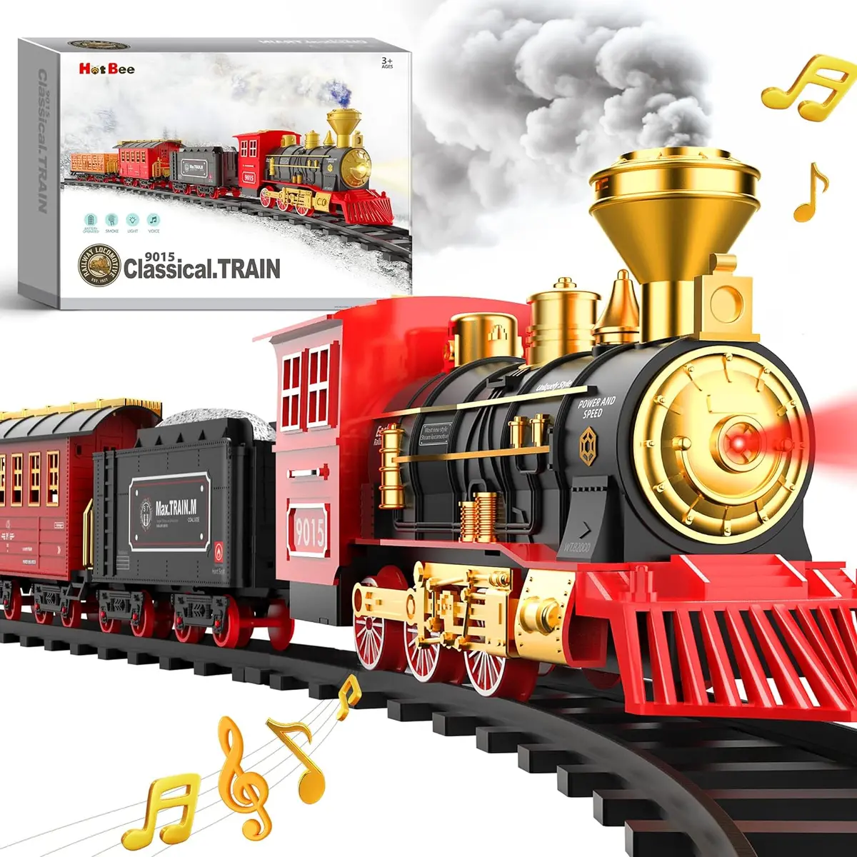 Hot Bee Train Set W/Smokes, Lights & Sound, Tracks, Toy Train W/Steam Locomotive Engine, Cargo Cars & Tracks, Christmas Train 1