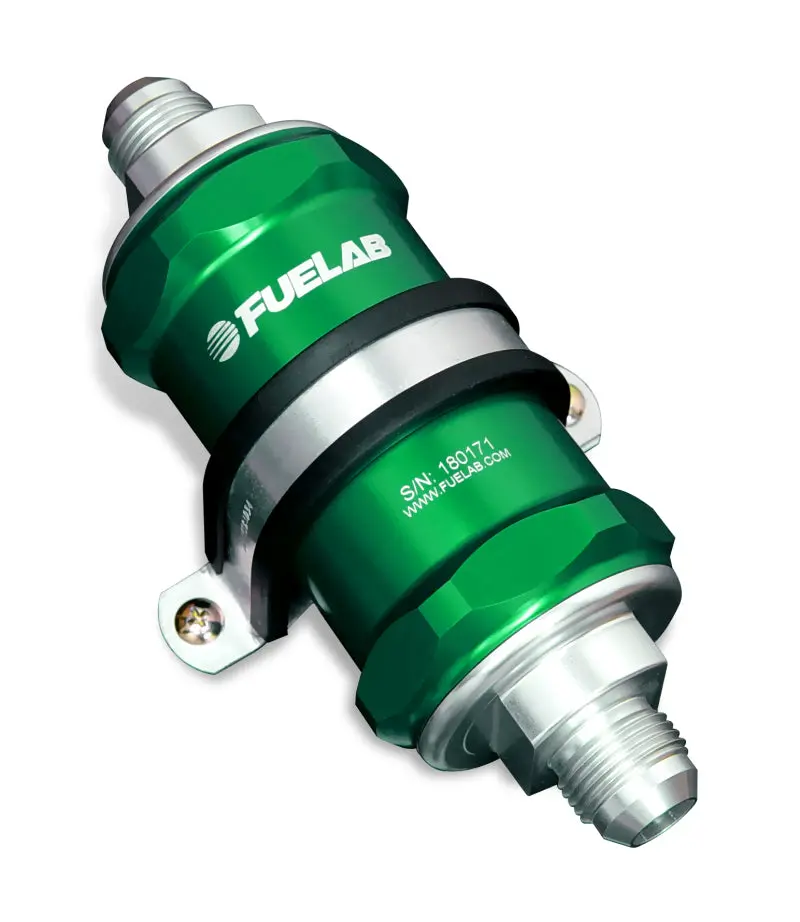 Fuelab 818 Inline Fuel Filter – -10An In / -8An Out, 10-Micron Fabric Element, Green Housing 1