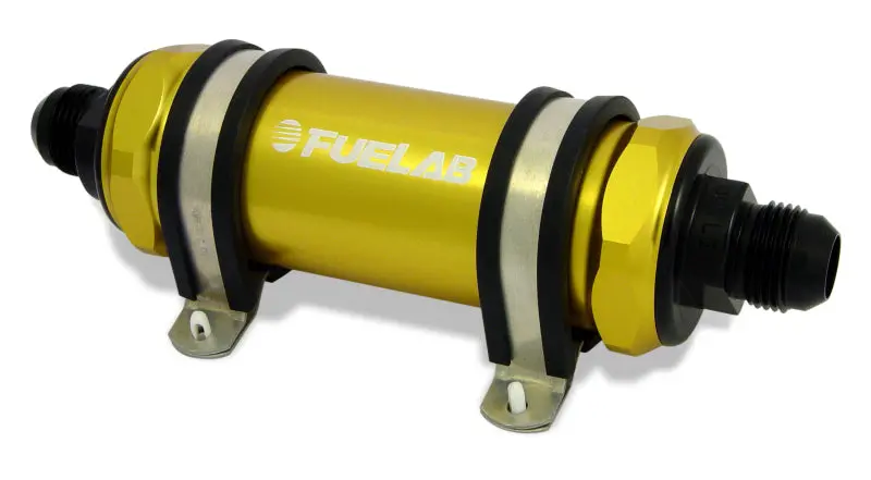 Fuelab 858 Inline Fuel Filter: -8An In / -10An Out, 10-Micron Fabric, Integrated Check Valve, Gold Finish 1