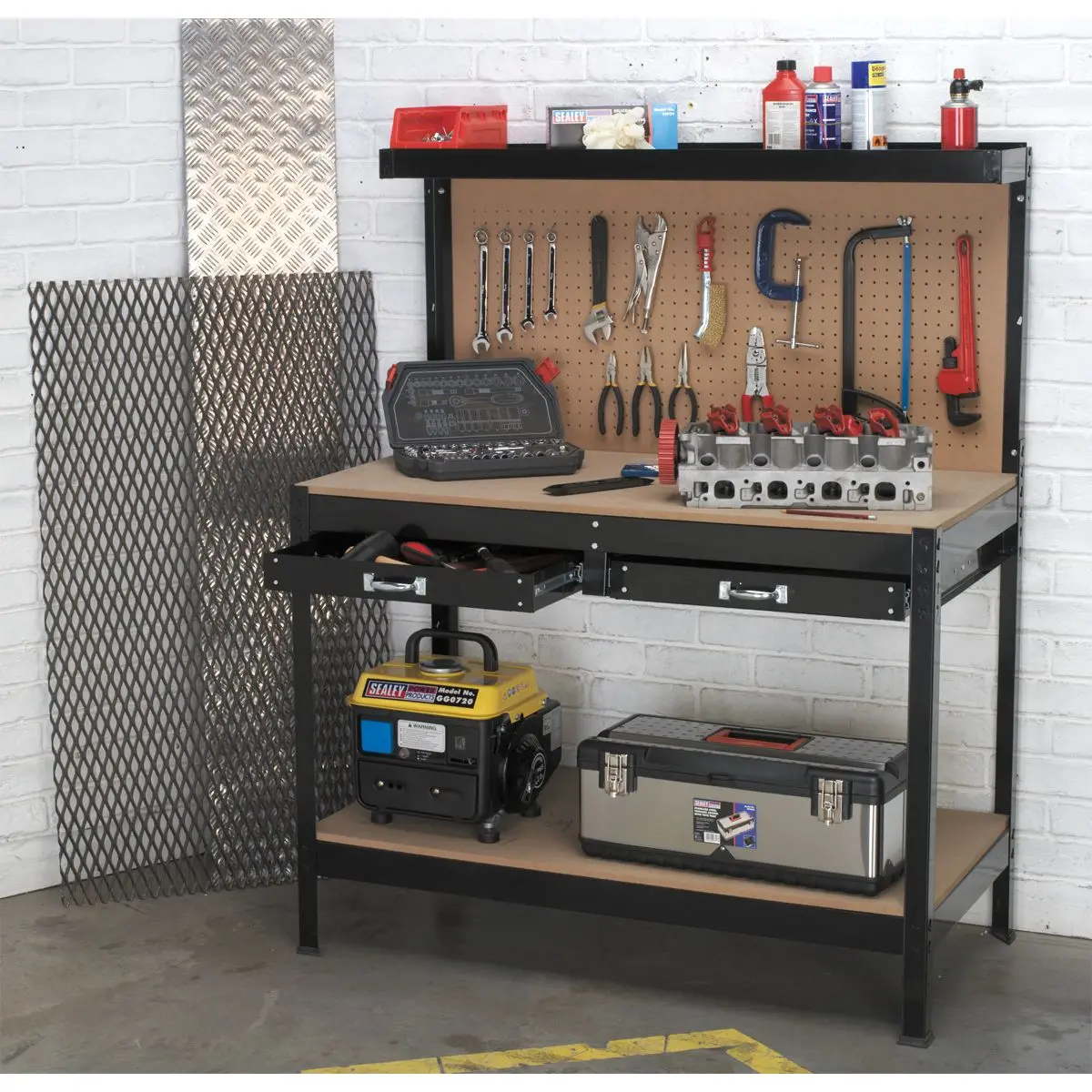 Heavy Duty Workstation With Drawers And Pegboard 1