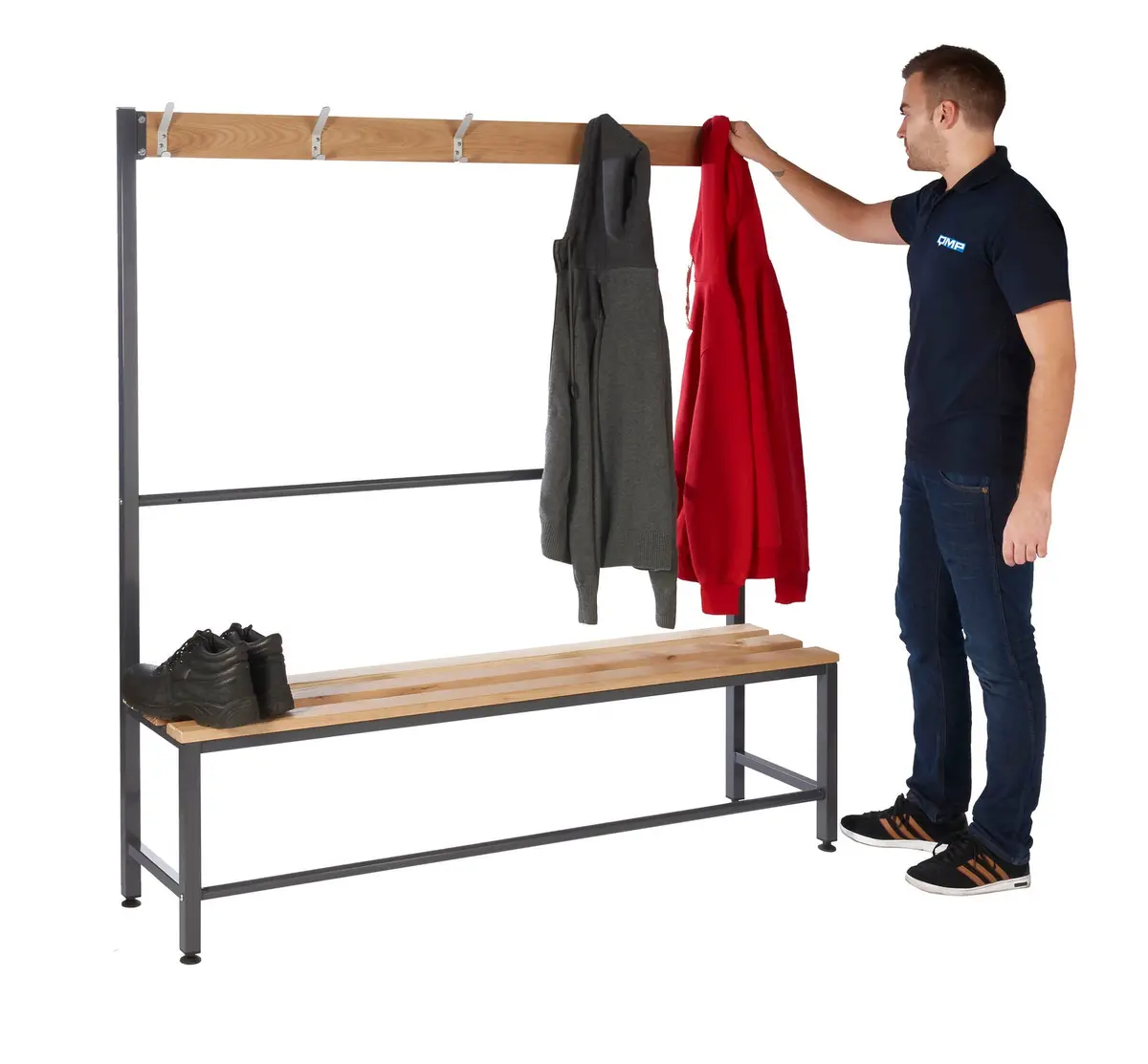 Changing Room Island Bench - Single Sided (5 Hooks) With Solid Oak Slats 1