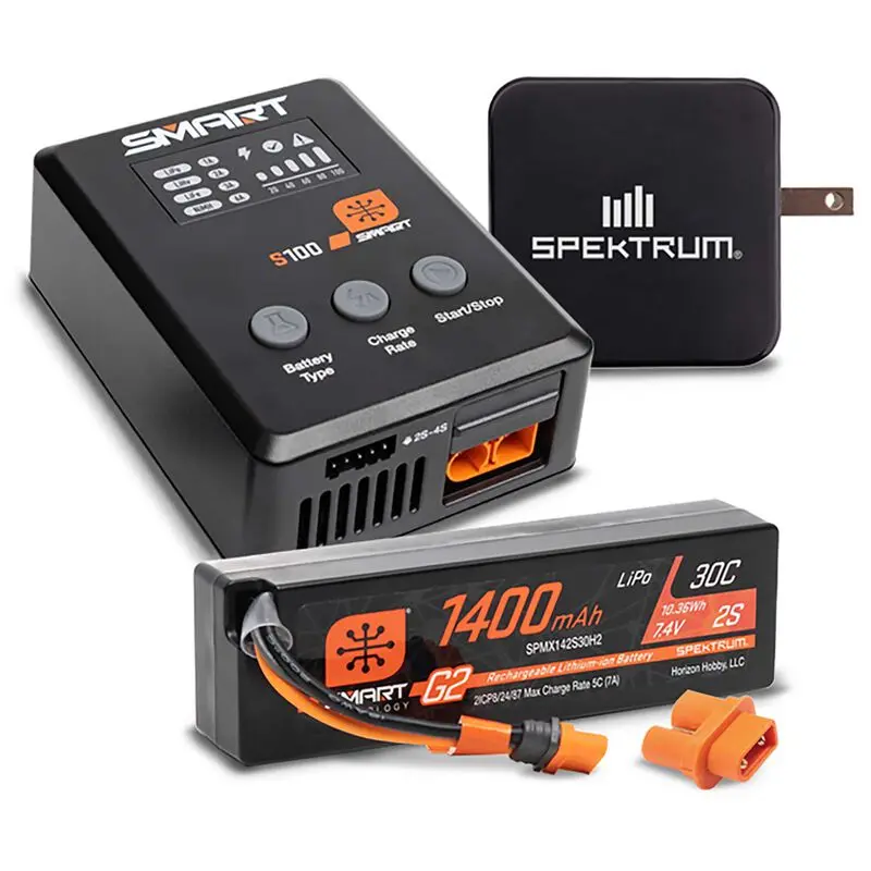 Spektrum Smart Powerstage Surface Bundle: 1400Mah 2S 30C Lipo Battery (Ic2) / 100W S100 Charger / 65W Power Supply / Adapter (Spmxpss215) 1