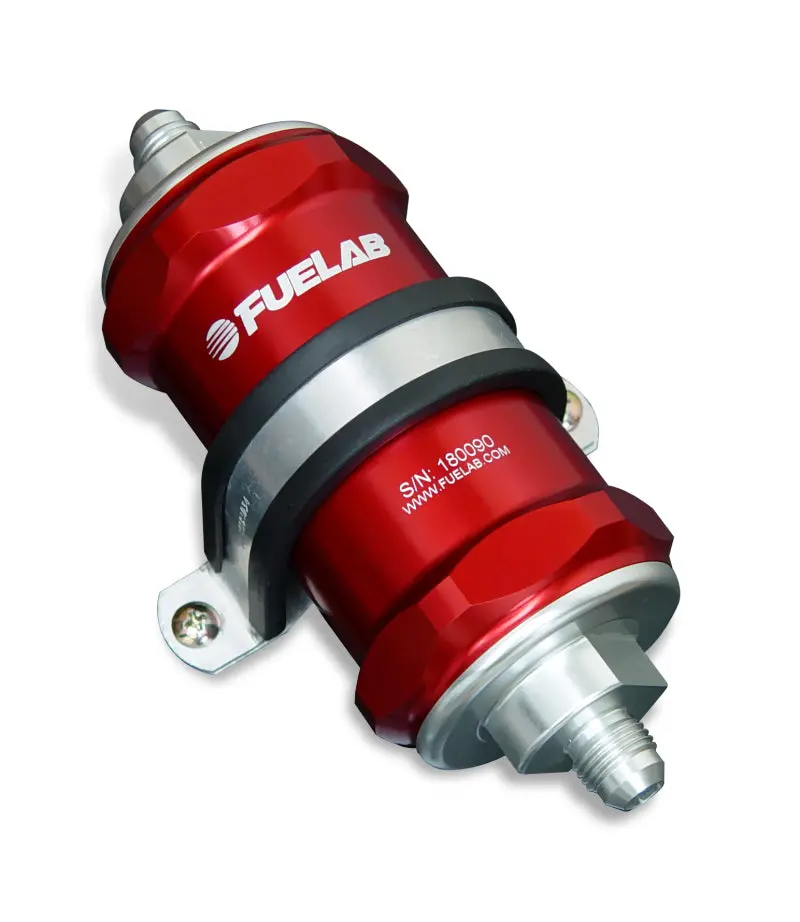 Fuelab 818 Inline Fuel Filter – -8 An Inlet / -10 An Outlet, 10-Micron Fabric Element, Red Housing 1