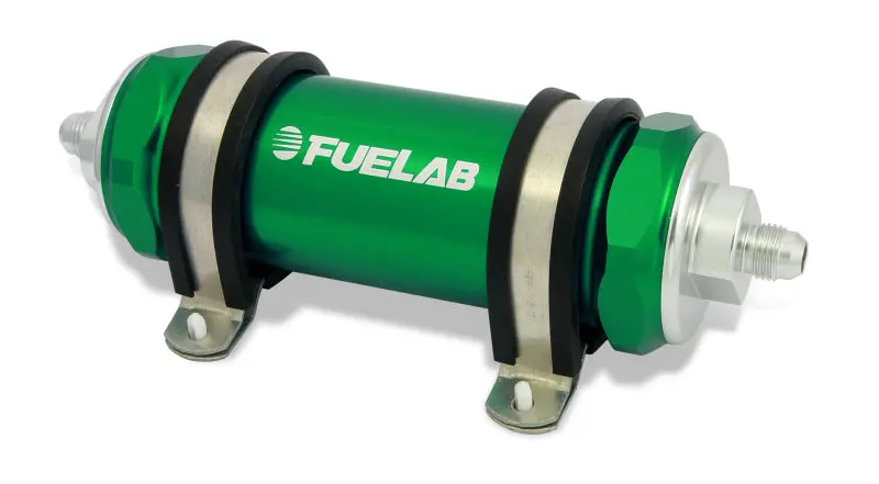 Fuelab 828 In-Line Fuel Filter Long -8An In/-6An Out 100 Micron Stainless - Green 1